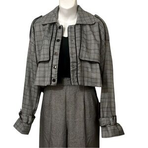 On Twelfth Black White Plaid Houndstooth Lightweight Cropped Trench Jacket Sz L